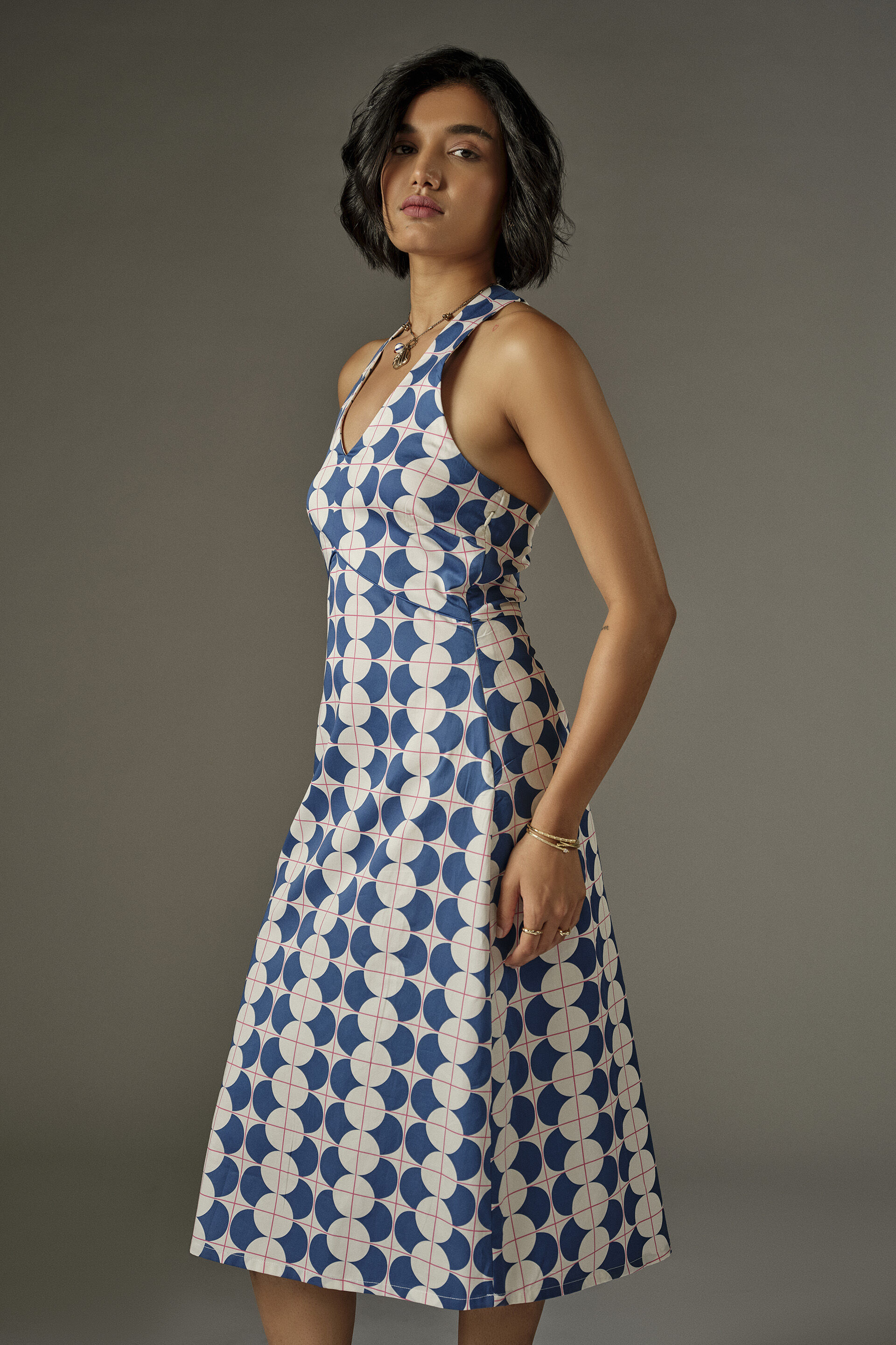 Geometric Print Halter Cotton Dress in Blue, Blue, image 2